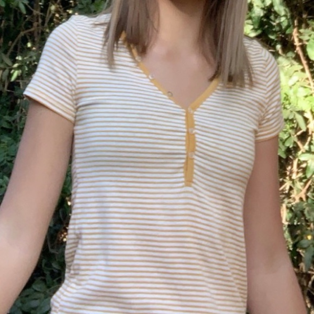 Yellow Striped V-neck button up T-Shirt